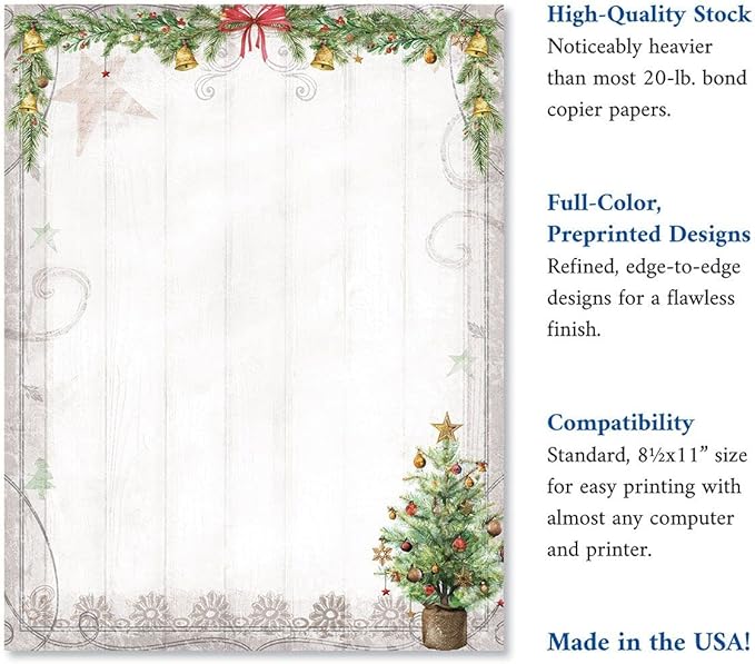 Tiny Trees Holiday Letter Paper - Set of 25 Christmas stationery papers are 8 1/2" x 11", compatible computer paper