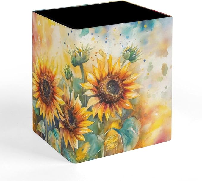 Square Pen Holder & Pencil Organizer for Desk - Office Storage Organizer, Markers/Makeup Brushes/Scissors Holder, Compact Desk Decor Accessories for Home Classroom School(Sunflower)