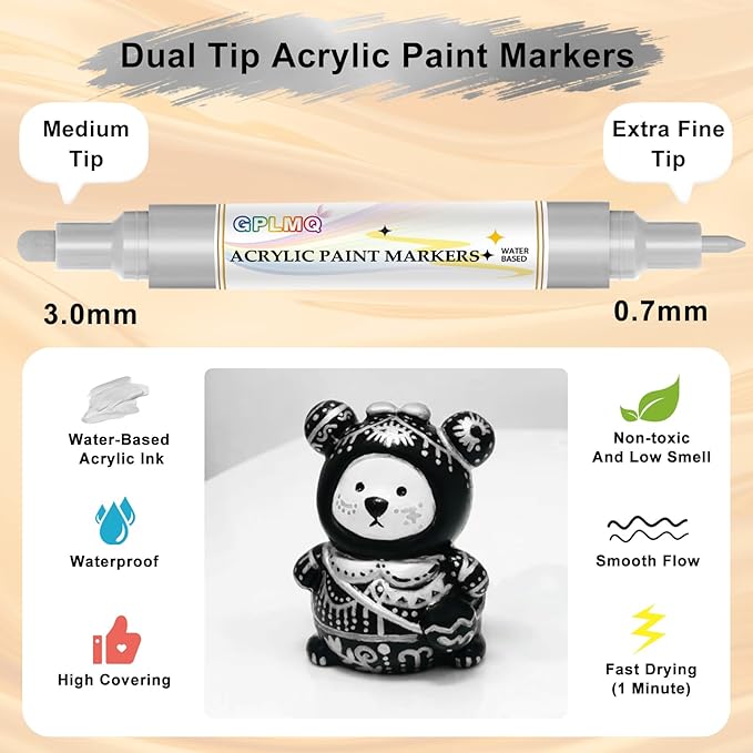 Paint Markers Paint Pens - 2 Pack Dual Tip Acrylic Permanent Marker (0.7mm & 3mm), Non-Toxic, Water-Based for Art Painting, Stone, Ceramic, Glass, Wood, Fabric, Metal, DIY Crafts (Silver)