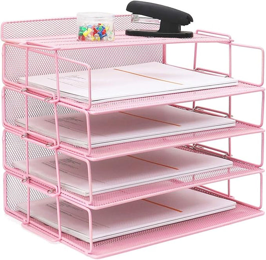 LUCYCAZ Desk Organizer - Stackable Paper Tray, 4 Tier Pink Letter Tray, 5 Trays Metal Paper Organizer for Desk, File Organizer for School Home and Office