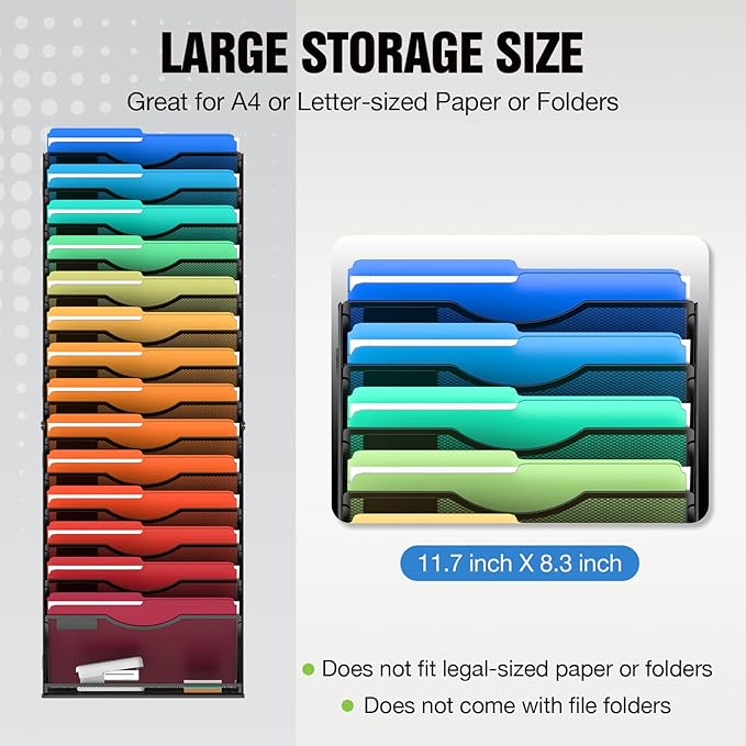 15 Tier Wall File Holder Hanging Wall File Organizer for Papers Mails Folders Document Magazine Organization, for Office School Home, Black
