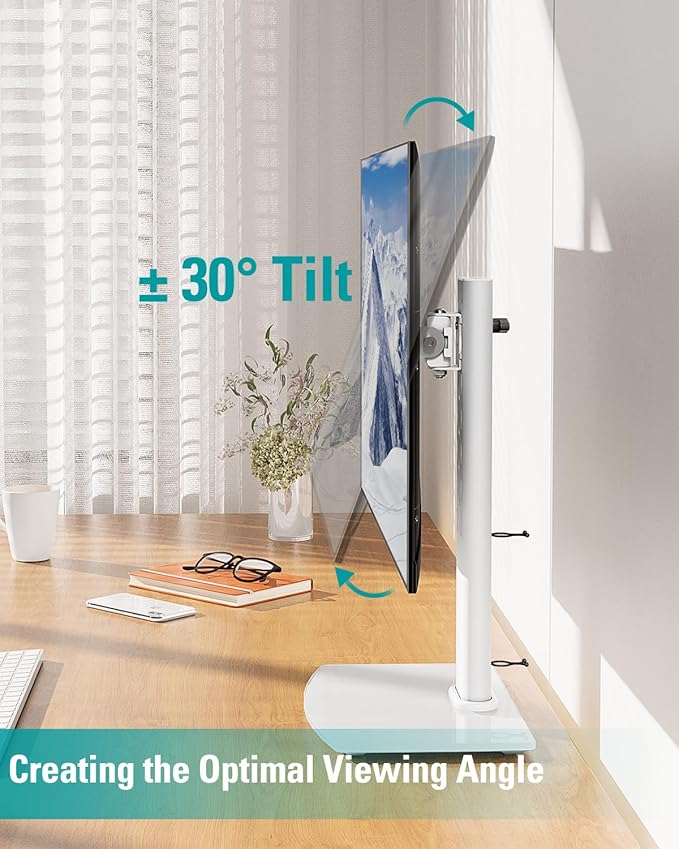 MOUNT PRO Single Monitor Stand Fits Max 32 inch Screen, Free-Standing Computer Desk Stand, Display Mount with Height Adjustable, Swivel, Tilt, Rotation, VESA Monitor Stand 100x100, White