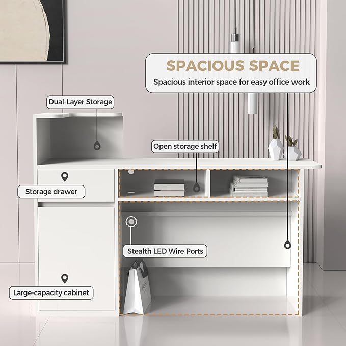 Modern Reception Desk with LED Lights - 47" Front Desk Reception Counter with Dual Display Shelves & Hidden Cable Management, Lockable Drawer & Storage Cabinet for Office, Salon, Spa, Retail, Right