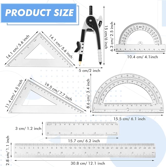 Zonon 1 Set Plastic Geometry Math Set 7 Pcs Includes 6'' / 4 '' Protractor, Drawing Compass, 45/60 Degree Triangle Rulers, 12'' / 6'' Math Ruler Transparent for Office Supplies(Clear)