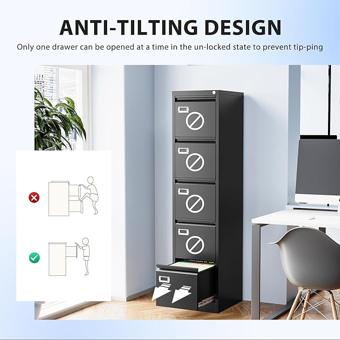 5 Drawer File Cabinet, Filing Cabinets for Home Office, Vertical File Cabinet with Lock, 61.6" H Locking File Cabinet for A4 Legal/Letter, Assembly Required (Black)