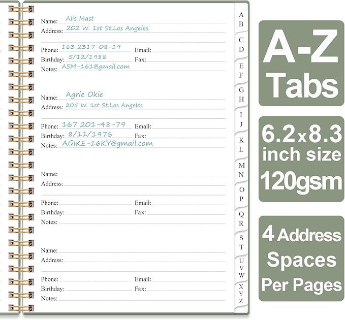 Address Book with Alphabetical Tabs - A5 Telephone & Address Book with Address Contacts, Special Date, Phone, Birthday & Internet Login Password for Home and Office, 6.2" x 8.5", Green