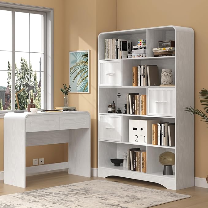 70" Tall Book Shelf and Bookcase, Tall Bookshelf with Storage, 48" Wide Modern Bookcase with Adjustable 3 Bins Storage, Large Bookshelf Wood 13" Deep Display Shelves for Living Room, Home Office,White