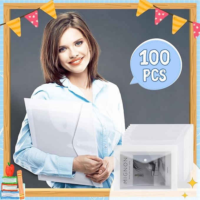 100 Pcs Clear Envelopes with Snap Button Closure Bulk A4 Letter Size Clear Plastic Envelope Folder Document Organizer File Folders for Office Home (Milky)