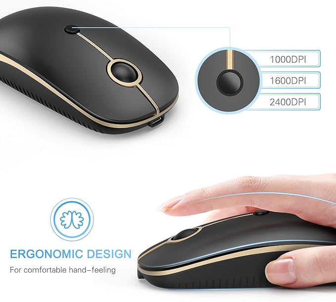VssoPlor Type C Wireless Mouse USB C Rechargeable Portable Quiet Mouse USB and Type C Receiver Dual Mode Laptop Mouse for PC, Laptop, MacBook, Tablet-Black Gold