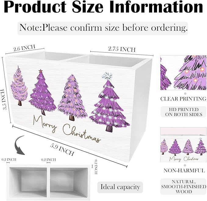 Purple Christmas Tree Pen Holder for Desk, Merry Christmas Holiday Winter Wooden Box Sign Desk Decor for Home Office Decoration, Glitter Xmas Tree Pencil Organizer