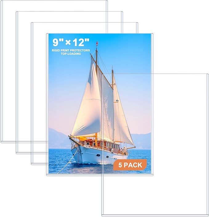 Ndsox 5 Pack 9" x 12" Rigid Print Protectors Clear Hard Plastic Sheet Protectors Top-Loading Photo Posters Sleeves Heavy Duty No-Hole Rigid Menu Holders for Artworks, Prints, Photographs, Documents