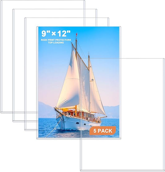 Ndsox 5 Pack 9" x 12" Rigid Print Protectors Clear Hard Plastic Sheet Protectors Top-Loading Photo Posters Sleeves Heavy Duty No-Hole Rigid Menu Holders for Artworks, Prints, Photographs, Documents