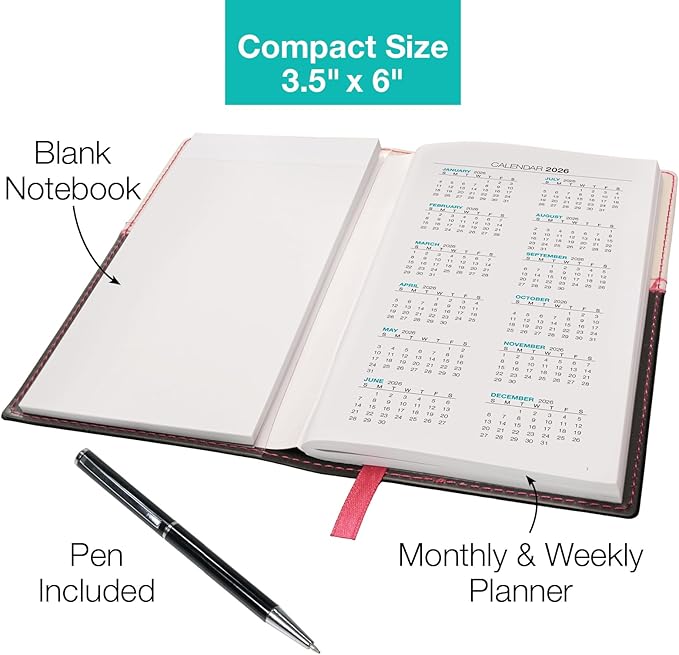 2026 Pocket Planner/Pocket Calendar and Pen, 3.5"x6": Includes 14 Months (November 2025 - December 2026) / 2026 Weekly Planner/Weekly Agenda/Monthly Calendar Organizer (Pink/Black)
