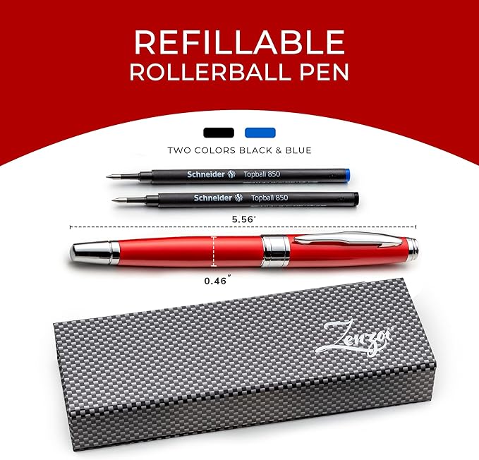 ZenZoi Red Elegant Executive Rollerball Pen - Smooth Writing Fine Point Roller Gel Ink Refills - Fancy, Luxury Gift Set for Men or Women - Premium, Refillable, Professional