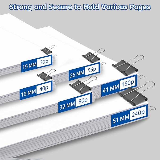 BainGesk 210 PCS Binder Clips Paper Clamps Assorted Sizes, X Large, Large, Medium, Small, Mini and Micro Metal Paper Binder Clips, Black Binding Paperwork Clamp Bulk, Office, School Supplies