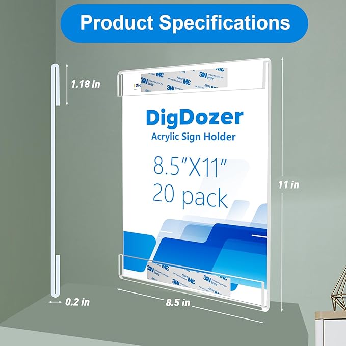 20 Pcs Acrylic Sign Holder 8.5 x 11, Vertical Wall Mount Sign Holders with Adhesive, Clear Plastic Frames Paper Display Sign Holders for Office, Home, Store, Restaurant - No Drilling