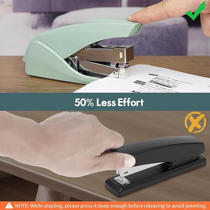 AFMAT Effortless Stapler for Desk, 50 Sheet Capacity, Low Force, Built-in Staple Remover, One Finger Touch Stapling Desktop Stapler, Portable & Space Save Size, Good for Home & Office, Green