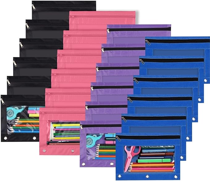 YoeeJob Pencil Pouch for 3 Ring Binder，Zipper Pencil Pouches Bulk，Pencil Case Pouch with Clear Window for Class, School, Office, 4 Colors-24 Packs