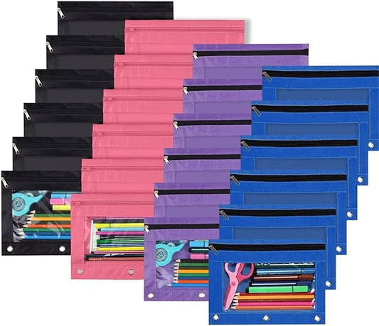 YoeeJob Pencil Pouch for 3 Ring Binder，Zipper Pencil Pouches Bulk，Pencil Case Pouch with Clear Window for Class, School, Office, 4 Colors-24 Packs