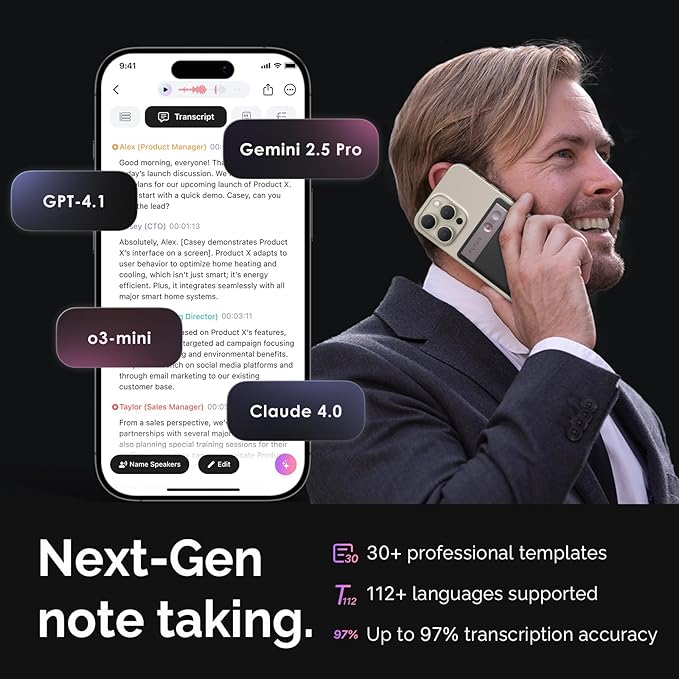 AI Voice Recorder, Note Voice Recorder w/Case, App Control, Transcribe & Summarize with AI Technology, Support 112 Languages, 64GB Memory, Audio Recorder for Lecture, Meeting, Call, Interview