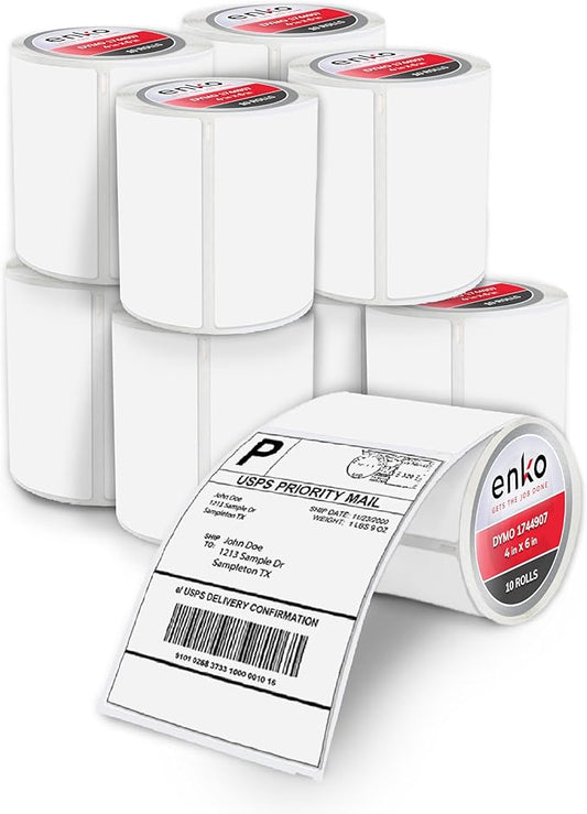 enKo Compatible Zebra 4x6 Label and Dymo Labels 1744907 - (4" x 6") Blank White Address and Shipping Labels for Dymo Labelwriter 4XL Shipping, Zebra & Desktop Direct Thermal Printers (10 Rolls, 2200)