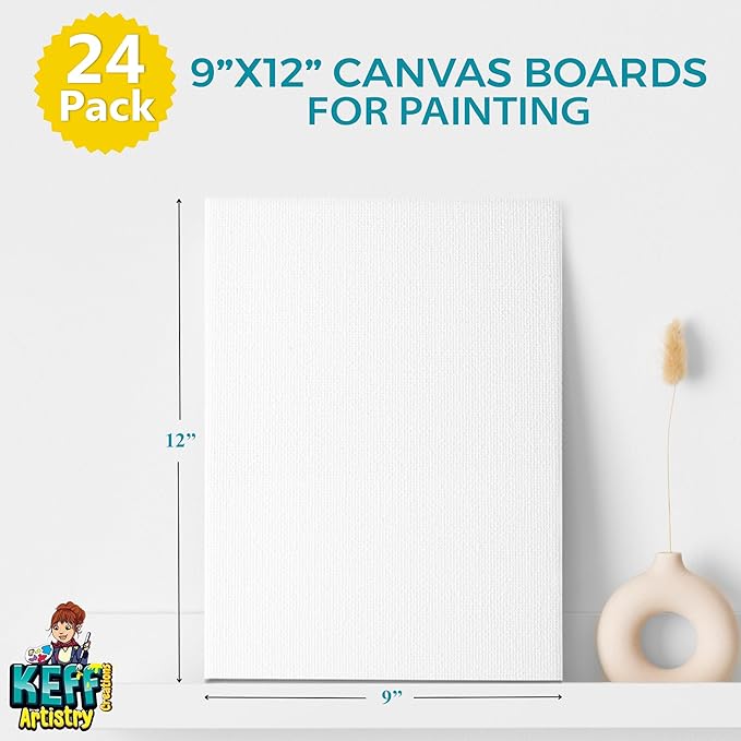 KEFF Canvas Boards for Painting - 9x12 24-Pack Bulk Canvas Panels Value Pack - 100% Cotton Triple Primed Canvases for Painting Supplies, Acrylic, Oil, Watercolor & Tempera