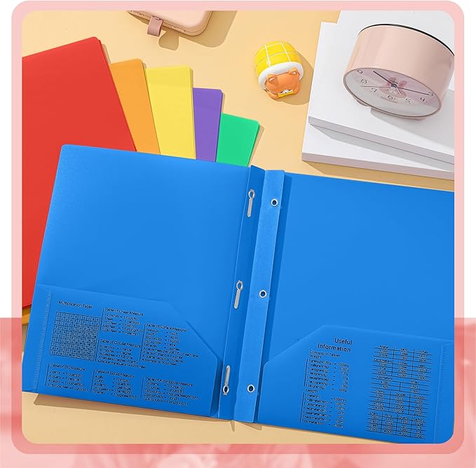Yeaqee 12 Pcs Plastic Folders with Pockets and Prong Plastic Folders with 2 Pockets Pocket for Office, School for Students, Teachers, Office Workers(Stylish Color)
