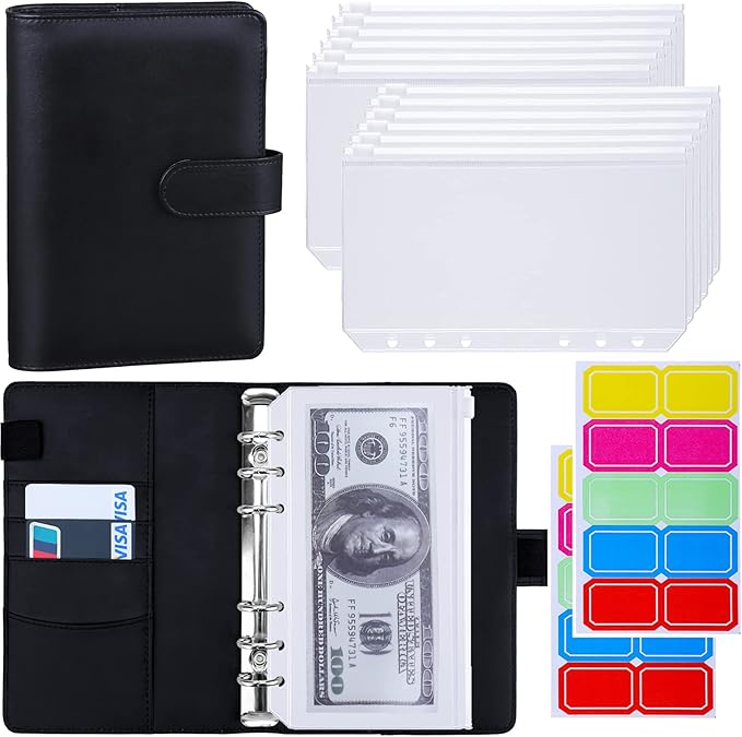 Antner A6 Budget Binder with Zipper Cash Envelopes for Money Organizer & Budgeting, PU Leather Budget Planner Money Saving Binder with Cash Stuffing Envelopes & Labels for Home Office Travel, Black