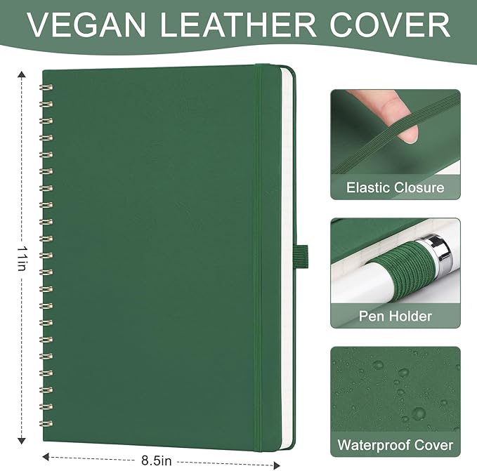 AHGXG Lined Spiral Notebook 8.5" x 11", A4 Large Notebooks for Women Men, Hardcover Leather Notebook College Ruled, 100 GSM Thick Paper, Notebooks for Work School Note Taking Writing, Green