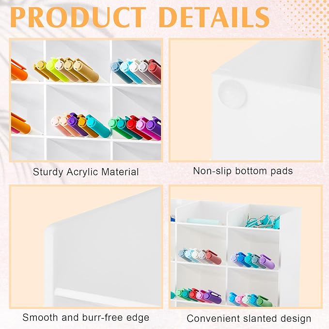 Acrylic Pen Organizer Storage for 200 Markers Vertical Marker Organizer Acrylic Pen Display Holder for Office Desk Desktop Stationery Pencil Storage, White, 13 x 4 x 10.2 Inch