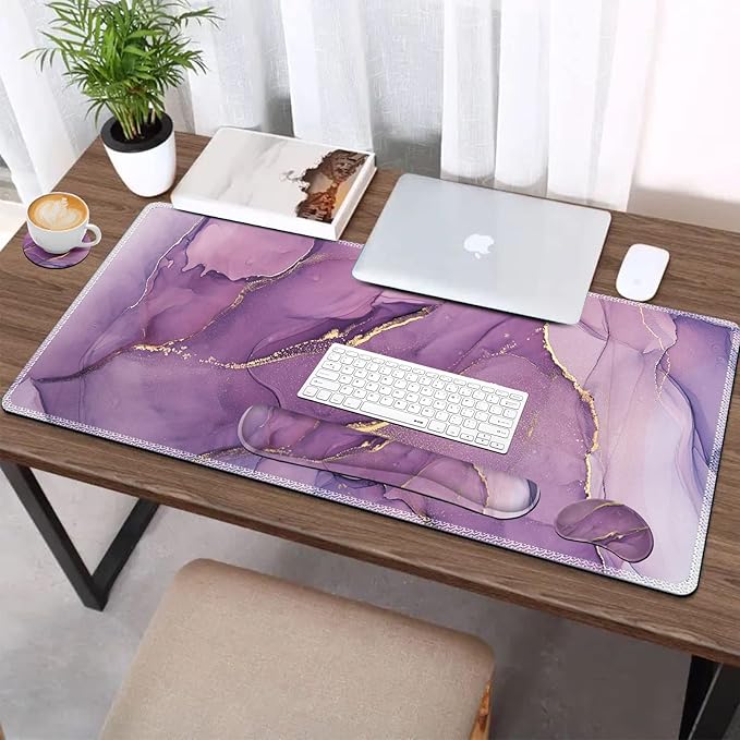 AIMSA Large Gaming Mouse Pad Set, Keyboard Wrist Rest Support Mouse Pad, Ergonomic Memory Foam Multifunctional Extended Desk Mat 35x15.7in Anti-Slip Rubber Base for Office Home, Purple Marble