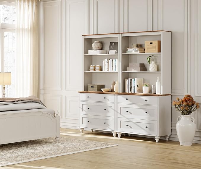 3 Tier Bookshelf with 3 Drawers, 72" Tall Bookcase Large Farmhouse Display Book Case Shelf with 3-Tier Open Book Shelfs，Library Wood Bookshelves for Living Room & Kitchen & Bedroom, Off White, 2 PCS