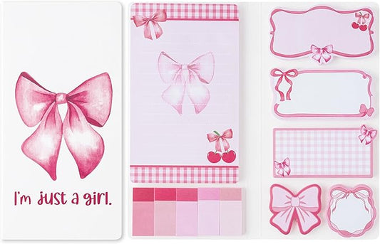 Xqumoi Coquette Pink Bow Sticky Notes Set - I’m Just A Girl Self-Stick Note Pads Bowknot Notepads Writing Memo Pad Page Marker Bookmarker Preppy Girly Stuff Back to School Office Supplies Gift