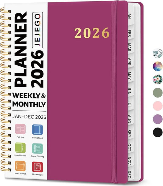 2026 Planner, Weekly and Monthly Calendar Planner Book, January 2026 - December 2026, Hardcover Spiral Planner with Monthly Tabs, Notes Pages, Perfect for Women & Men, A5 (6.4" x 8.5") - Raspberry