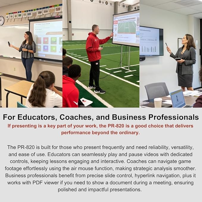 PR-820 Wireless Presentation Clicker with Laser Pointer, PowerPoint Clicker with Air Mouse, Remote for Slideshows, Google Slides, Keynote & Smartboards, Mac/PC Compatible