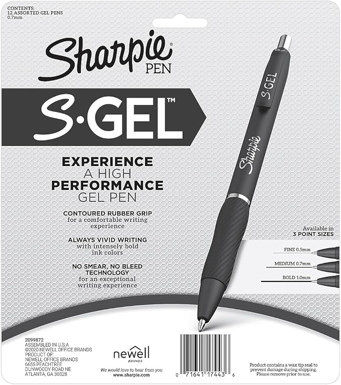 Sharpie S-Gel Gel Pens Writing Drawing Coloring Gel Pens For Journaling Medium Point Pen(0.7Mm) Assorted Colors 12 Count