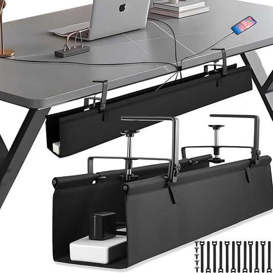 Desk Cable Management Tray, Fabric Cable Organizer, No Drill Large Clamp/Screw Mount Wire Organizer-Support Up to 30lbs, Standing Desk Cable Management for Office Home (Black,28 Inch)