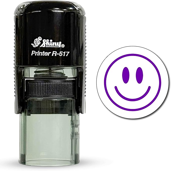Shiny Smiley Face Teacher Stamp, Round Self Inking Stamp for Classroom, Purple Ink