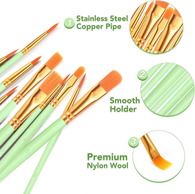 ESRICH Paint Brushes Set,8 Packs 80 Pcs Acrylic Paint Brush Set,Acrylic Oil Watercolor, Face Nail Art, Miniature Detailing,Rock Painting,Painting Artist Professional Kits(Green) ﻿