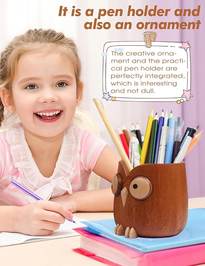 Cute owl pen holder Desk Organizer Decoration Pencil Holder Stand pen holder for desk Magnetic rotating eyes Ebony whole wood carving for office school Home office accessories gifts (dark brown)