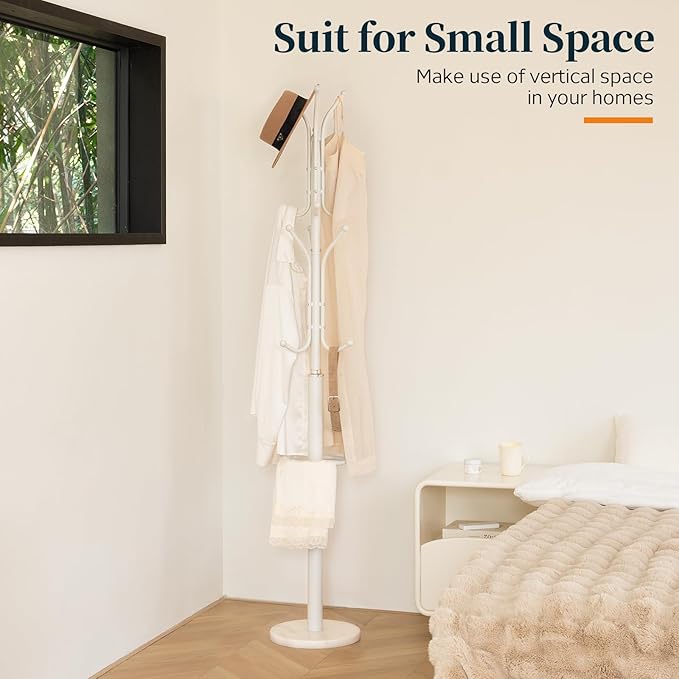 Yoobure Metal Coat Rack Freestanding with Marble Base, Coat Tree with 12 Hooks & Umbrella Holder, Coat Hanger Stand for Corner Entryway Bedroom Office, Heavy Duty Coat Rack Stand for Clothes Hats Bags