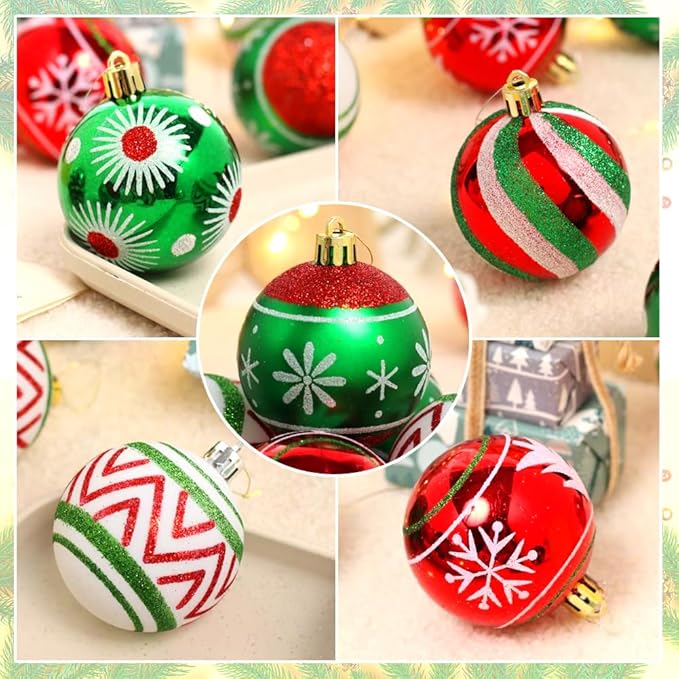 Christmas Ornaments Set, 30 pcs 2.36inch Red Green White Christmas Balls Ornaments for Christmas Tree Decorations Shatterproof Hanging Baubles Decoration for Xmas Thanksgiving Holiday Party Home Decor