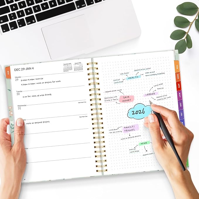 SUNEE 2026 Weekly and Monthly Planner - January 2026-December 2026, 6.4" x 8.3" Half Weekly Half Note, Daily Agenda Planner with PVC Waterproof Cover, Monthly Tab, Note, Pockets, Bookmark, Wildflowers