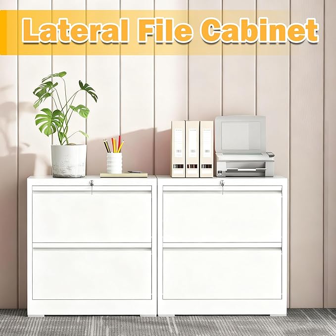 2 Drawer Lateral File Cabinet with Lock, File Cabinet, Metal Lateral Filing Cabinets for Home Office, File Storage Cabinet for Legal/Letter/A4 Documents, Assembly Required (White, 26'W)