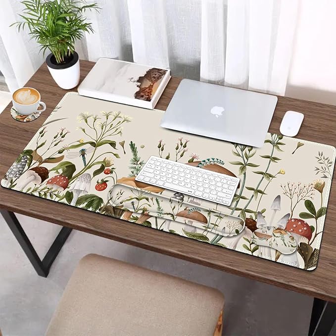 AIMSA Large Gaming Mouse Pad Set, Keyboard Wrist Rest Support+ Extended Mousepad+ Mouse Wrist Cushion+Coaster, Ergonomic Multifunctional Desk Mat 35x15.7in, Mushroom Plant Garden
