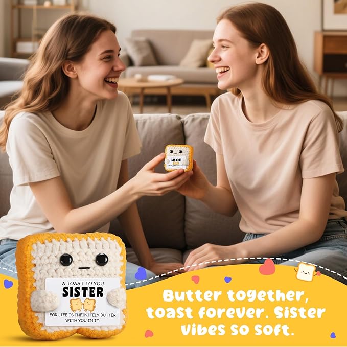 Funny Sister Gift Handmade Crochet Toast Plush with Pun Card, Cute Birthday Gifts for Sister, Women, Appreciation Present, Thanksgiving, Christmas Stocking Stuffers from Brother, Sister, Bestie friend