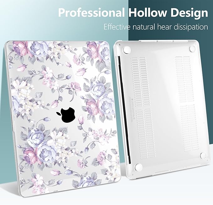 TWOLSKOO Compatible with MacBook Pro 13 inch Case 2023-2016 A2338 M2/M1 A2251 A2289 A2159 A1989 A1706, Plastic Hard Shell Cover & Keyboard Skin & Screen Protector, Purple Peony