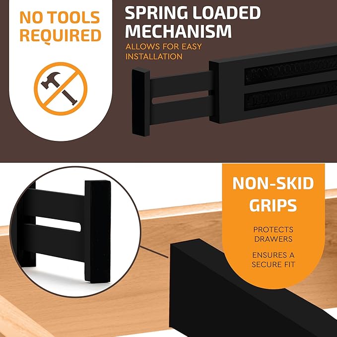 Large Kitchen Drawer Organizer - Expandable Bamboo Drawer Dividers (17" - 21.5") - Adjustable Separators for Kitchen, Clothes, Dresser, Bedroom, Bathroom, and Desk Drawers - 6-Pack (Black)