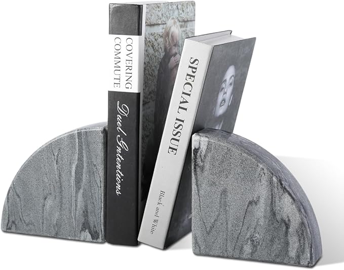 Marble Bookend for Shelves, Non-Skid Bookends for Heavy Books, Heavy Duty Book Stopper for CDs, Luxury Book Shelf Holder, Quarter Circle Design Book Ends Decorative, Monte Grigio, Set of 2