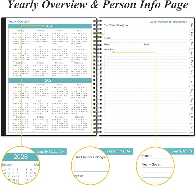 2026 Planner - Planner 2026 from January 2026 to December 2026 with 12 Monthly Tabs, Flexible Cover, Inner Pocket, 8.5" x 11", Black-B